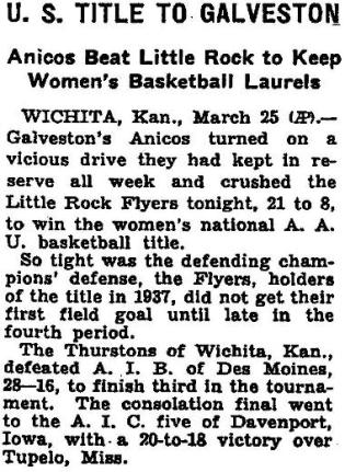 Gavelston Anicos, championship 1939 team gets a New York Times item